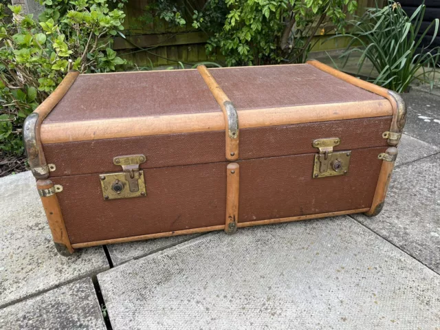 Vintage Wooden Banded Steamer Trunk Suitcase
