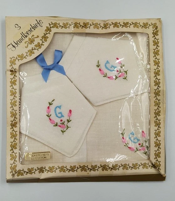 Vintage Gift Set 3 Embroidered Handkerchiefs Flowers Butterflies Ladies G  lette