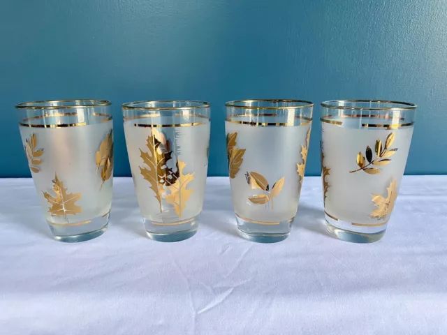 Set Of 4 10oz Frosted Gold Leaf Libby Glasses