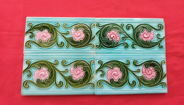 4 Piece Small Old Art Floral Design Majolica Ceramic Tiles Japan 0136 2