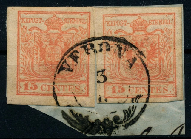 LOMBARDEI-VENETIEN 1850 2*15C auf Briefstück, MP, Type III. VERONA. Schön!