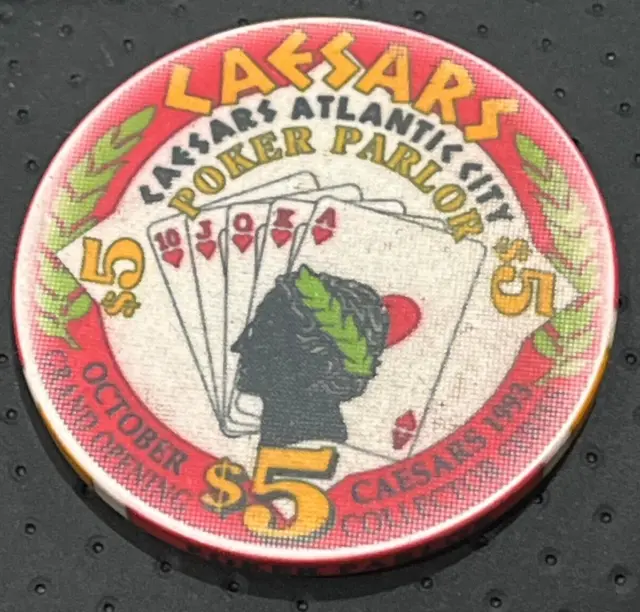 Caesars Atlantic City $5 Dollar Poker Parlor Chip Grand Opening 1993 #1