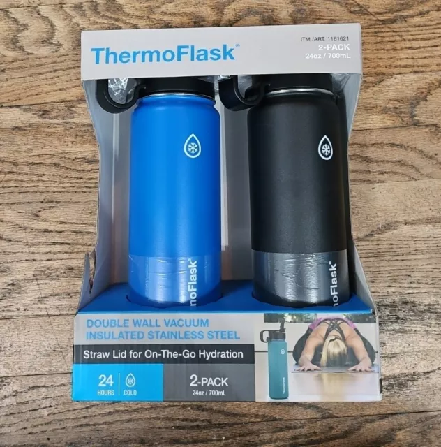 24oz Stainless Steel ThermoFlask Water Bottles 2-pack Blue & Black New