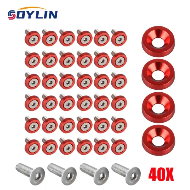 40 x JDM Billet Aluminum Fender Bumper Washer Bolt Engine Bay Dress Up Kit Red