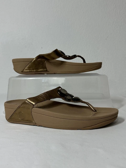 Fit Flop Lunetta Womens Size 10 Beaded Metallic Gold Flip Flops Thong Sandals