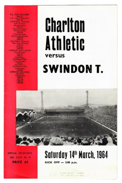 Charlton Athletic v Swindon Town - 1963-64 Division Two - Football Programme