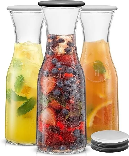 Glass Carafe with Lids. 3 Carafes for Mimosa Bar 36 Oz Capacity. 6 Lids! Brunch