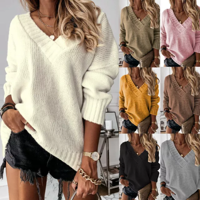 Womens Long Sleeve Thin Jumper Tops Ladies V Neck Casual Plain Sweater Pullover
