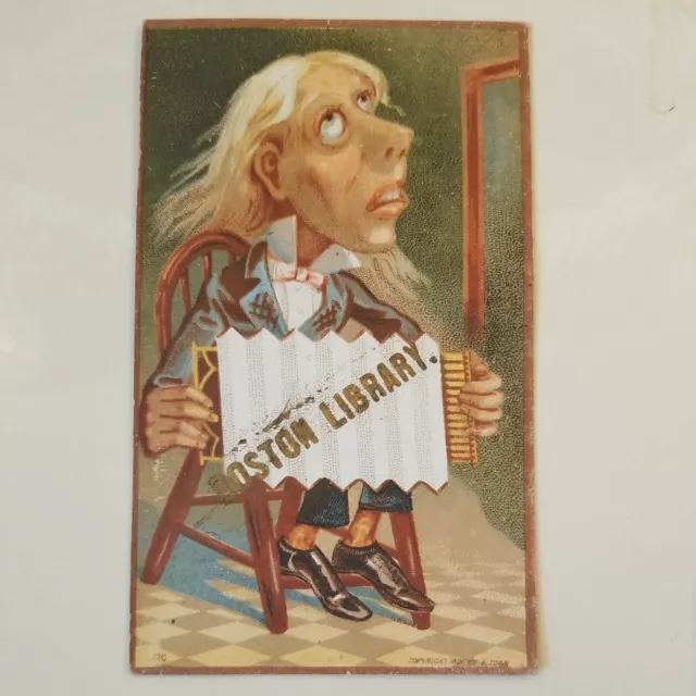 RARE Vtg 1880s Boston Mass Library Color Litho TRADE CARD Crazy Accordion Player