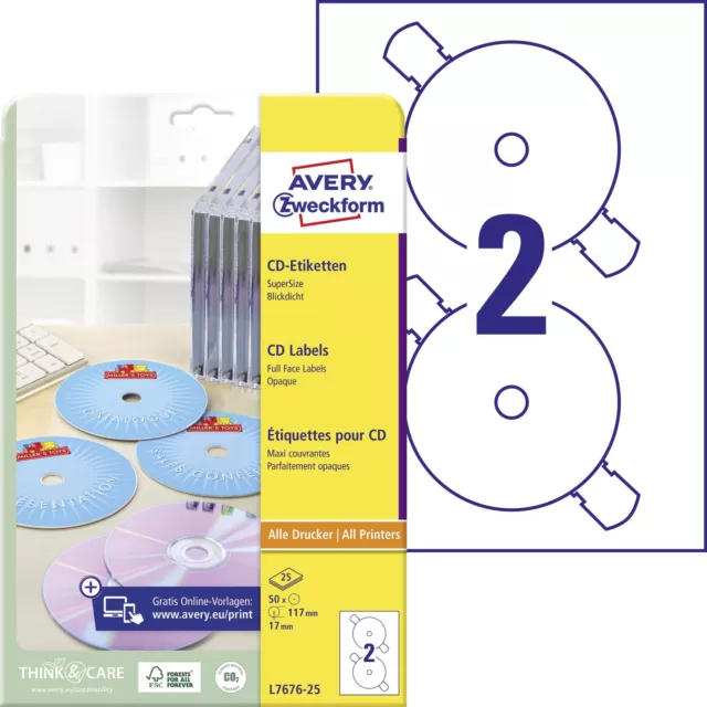 Avery Zweckform L7676 25 A4 Pack of 50 CD Labels Diameter 117 mm 25 Sheets White