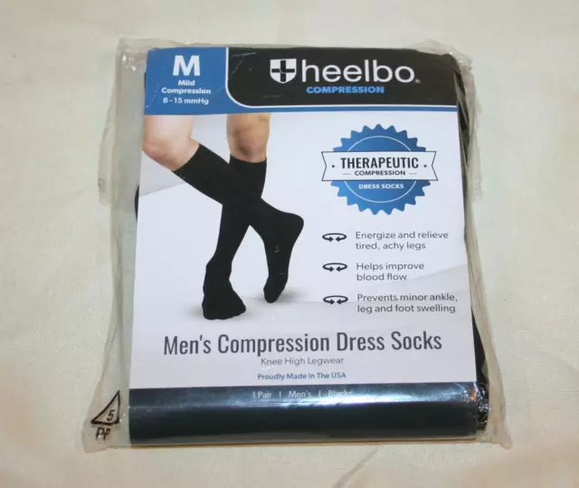 HEELBO Mens Compression Dress Socks 1 Pair Black Knee High Medium 8-15 mmHg NEW