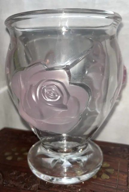 Teleflora French Art Crystal Glass Vase With Pink Frosted Roses 6" Vintage