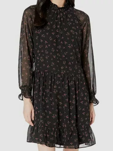 $170 Kensie Women's Black Floral Long Sleeve Chiffon A-Line Dress Size Small