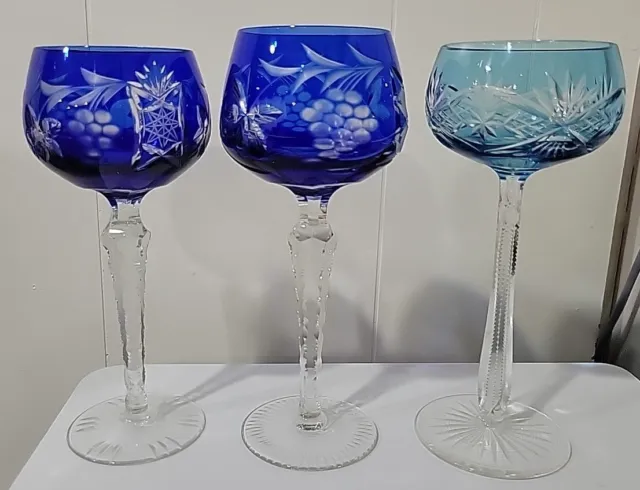 (3) BOHEMIA COBALT BLUE CUT To CLEAR CRYSTAL WINE HOCKS Glasses MIXED LOT MINT