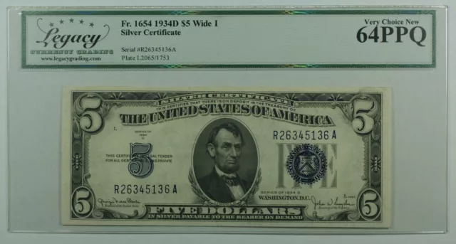 1934-D $5 Five Dollar Silver Certificate Wide I Fr. 1654 Legacy Choice 64 PPQ