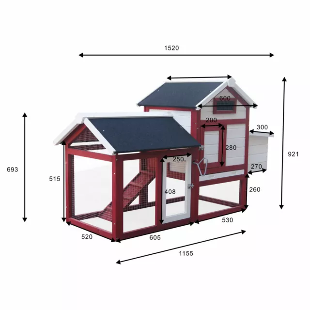 BRAST Poulailler en bois 1520x620x920mm 2 zones de pondoir, 2 perchoirs / enclos 2