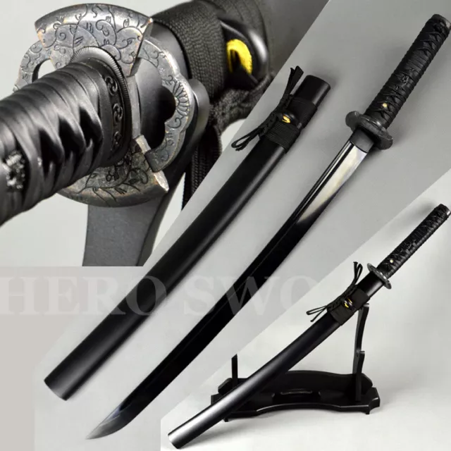 Fully Black Japanese Samurai Sword 1095 Carbon Steel Full Tang Wakizashi Sharp