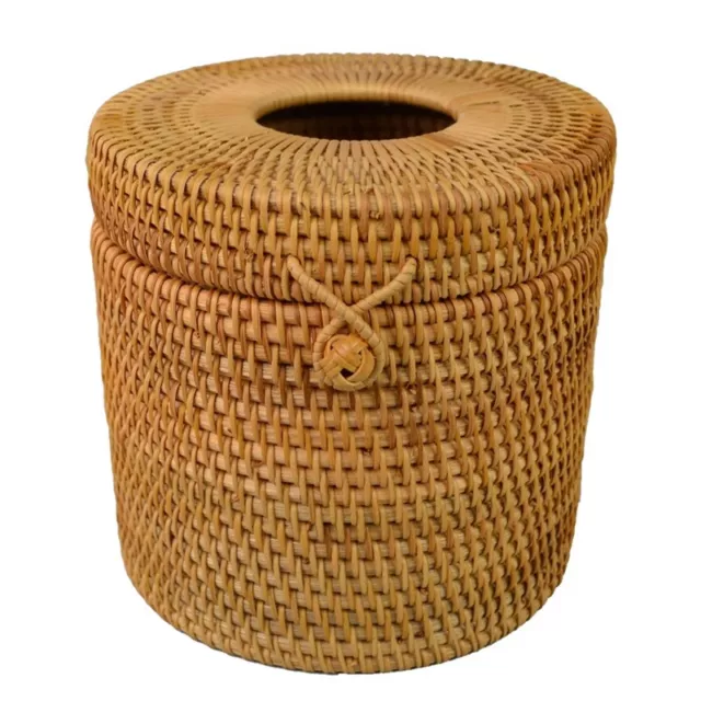 Round Rattan Tissue Box Vine Roll Holder Toilet Paper Cover Dispenser For t5e