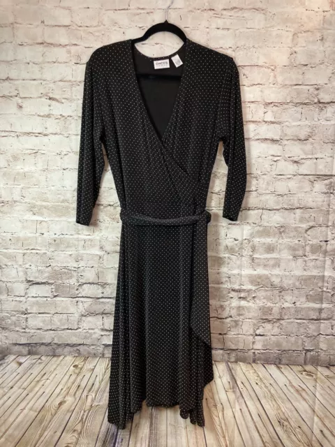 Chico’s Dress Women’s Size 1 Fit & Flare Midi Black Polka Dot Acetate V Neck