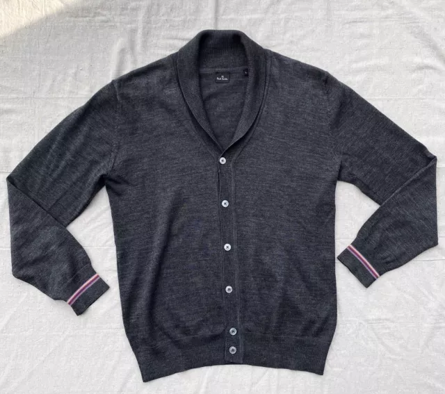 Paul Smith Cardigan Sweater Men's Large Gray Merino Wool Shawl Collar Button