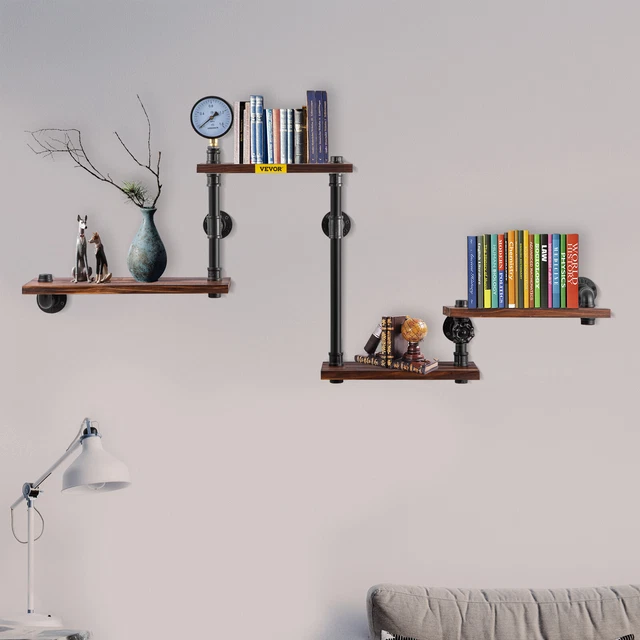 VEVOR PIPE SHELVES Industrial Iron Pipe Wall Mounted w/ 4Tier Wood