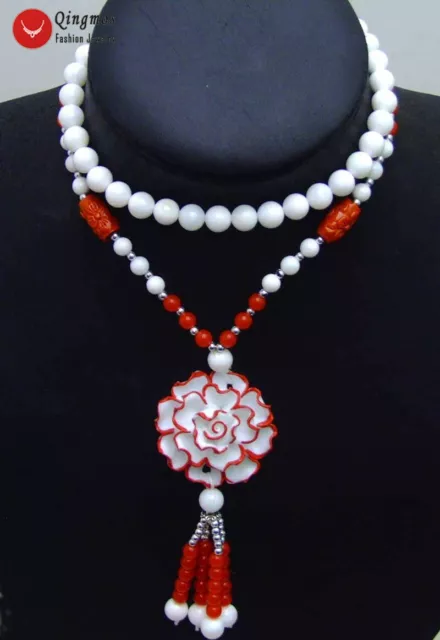 40mm Red Flower Pendant Sweater Necklace for Lady's Charm Jewelry 26" Long