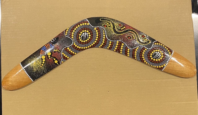 Boomiri originale in legno Australia BOOMERANG ABORIGENO dipinto a mano Cm.47