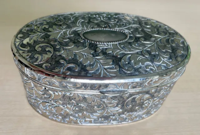 Embossed Oval Trinket Jewellery Box Silver-Plated? Metal Ornate Hinged Lined