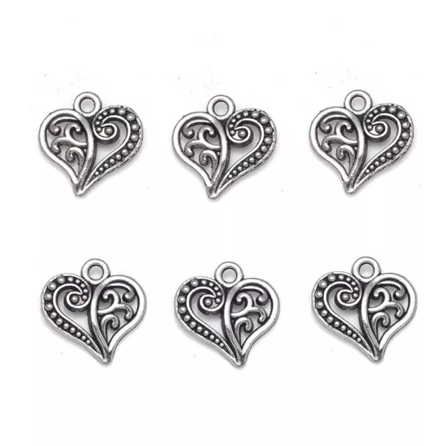 50Pcs Tibetan Silver Filigree Heart Charms Pendant For Jewelry Making Craft