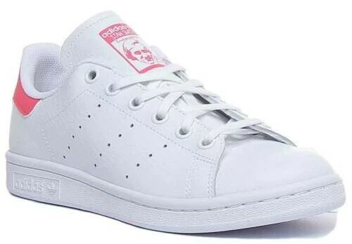 Adidas Stan Smith J Jeunesse Lacet Cuir Baskets En Rose Blanc Taille UK 3 - 7