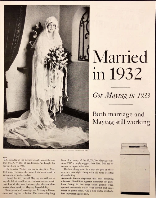 1961 Maytag Clothes Washer Vintage Print Ad Woman from 1932 in Wedding Dress