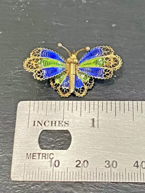 Vtg Filigree Butterfly Brooch 800 Silver Vermeil Gold Wash Blue Green Enamel Pin