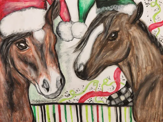 THOROUGHBRED Christmas Original 9x12 Painting Oil Pastel Horses by Artist KSAMS