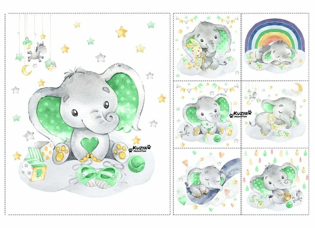 Ensemble de panneaux en tissu de coton mignon éléphant vert Quilting bébé...