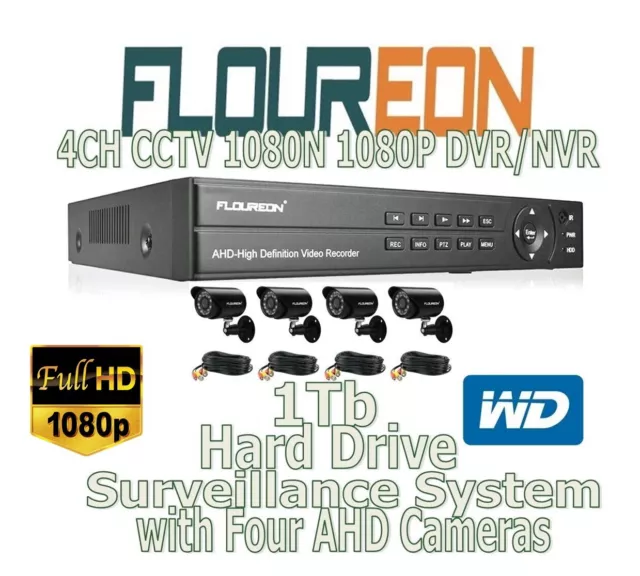 Floureon 5-in-1 4CH CCTV DVR Surveillance System ~ with Four Cameras (WD 1TB HD)
