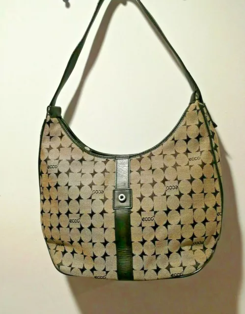 ECCO Womens Hobo Shoulder Bag Purse Tan Signature Canvas Twill with Leather Trim