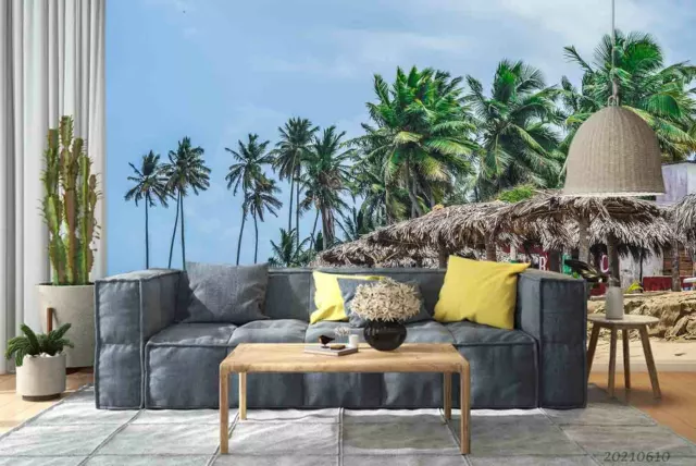 3D Beach Palm Thatched Cottage Wallpaper Wall Mural Removable Self-adhesive 29 2