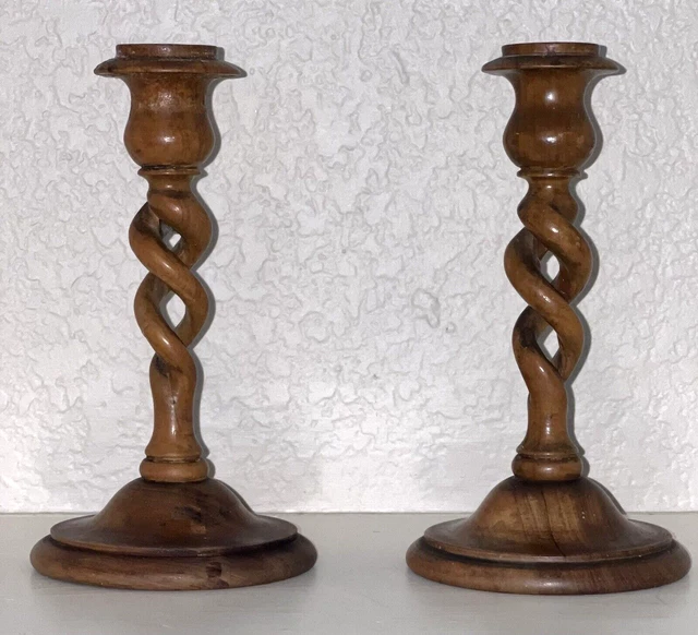Antique English Barley Open Twist Candlestick Holders 8"