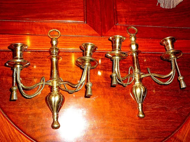 Elegant Vintage Lacquered Pair of Solid Brass Double Wall Sconces/Candleholders