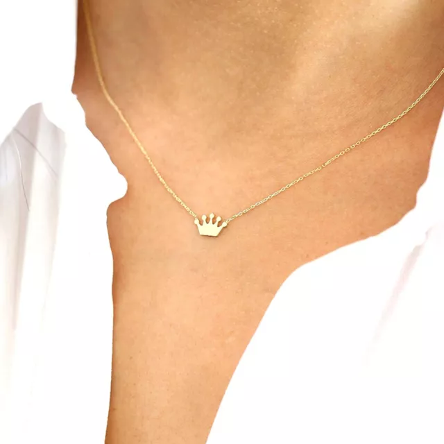 14K Oro Amarillo Chapado Delicado Tiara Corona Charm Colgante Collar 18" Cadena