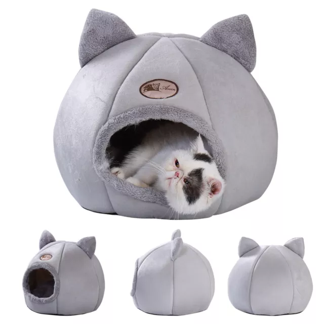 Large Cat Bed Cave Small Wool Cozy Pet Igloo Bed Winter House Nest Kennel Gray