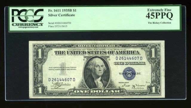 $1 1935-B Silver Vinson DD Block Fr. 1611 PCGS 45 PPQ Serial D26144607D