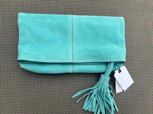 NWT LEITH genuine suede leather Convertible Fold over Clutch Aqua Blue Tassel