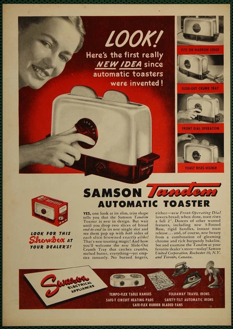 Samson Tandem Automatic Toaster Single Slot Front Dial Vintage Print Ad 1947