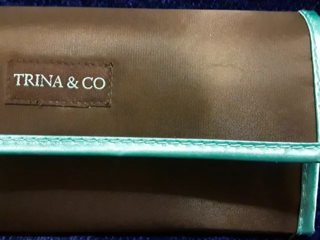 Trina & Co Dark Chocolate Brown W/ Turquoise Trim Trifold Cosmetic Travel Bag...