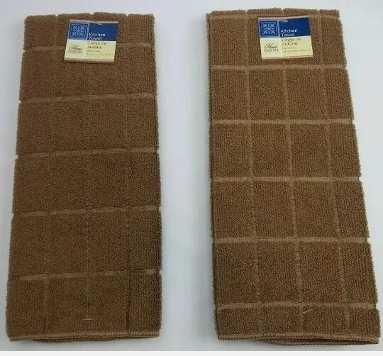 Taupe Kitchen Dish Hand Towels Lot of 2 Windowpane Terry Cloth Dish Towels