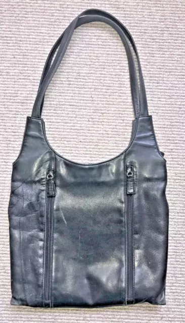 TULA Black Leather  Tote / Shoulder Bag - Double zipped front pocket