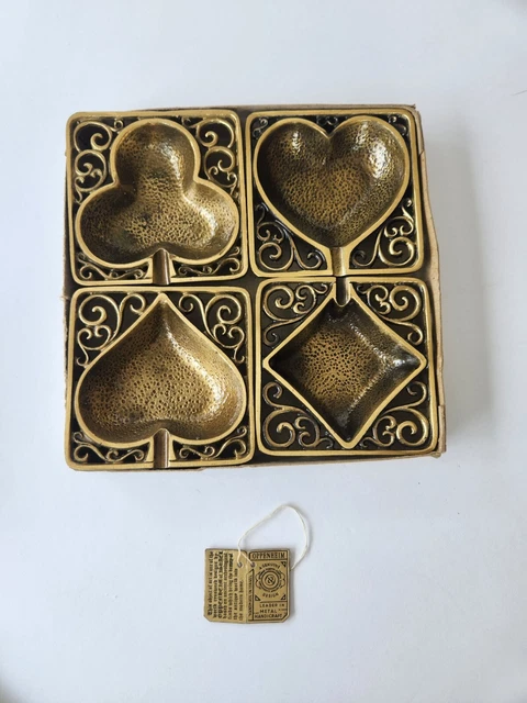 VHTF MCM Set 4 Hashtray Brass Poker Night Card OPPENHEIM Israel 60s Hammered