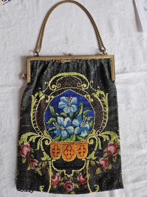 Antique Evening Bag Purse  Beaded Victorian Romantic Morning Glory Art Nouveau