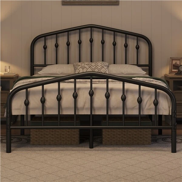 METAL BED FRAME with Arched Headboard and Footboard/Heavy Duty Slat